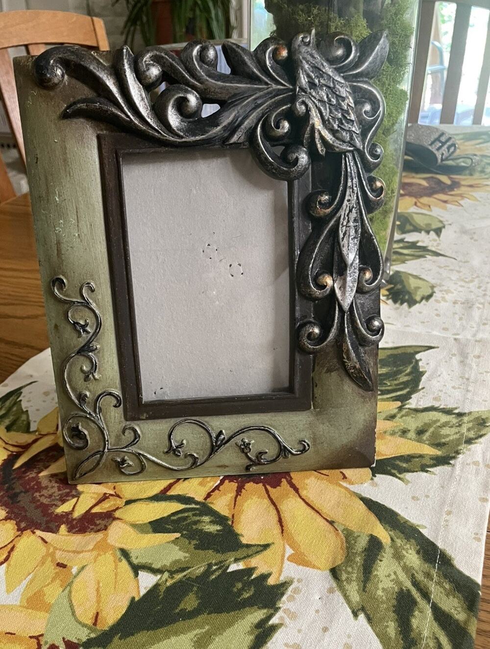 Vintage Drake Design Peacock Picture Frame Ornate Art Nouveau Sage Green 4x6
